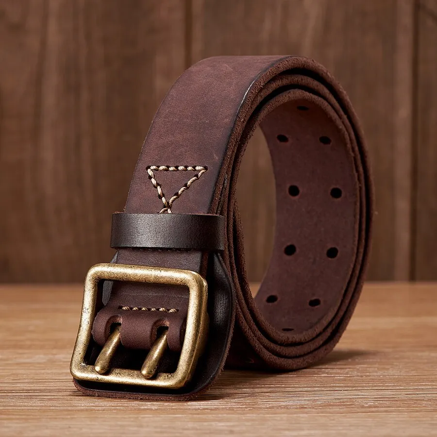 Vintage Cowskin Leather Belt for Men with Double Pin Buckle