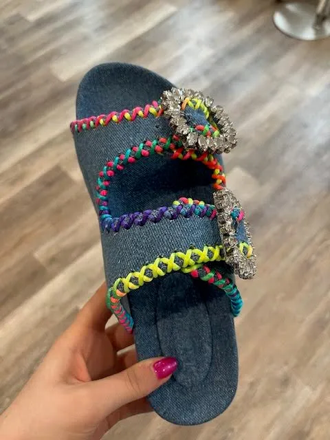 Multicolor Mystique Denim Crystal Sandals