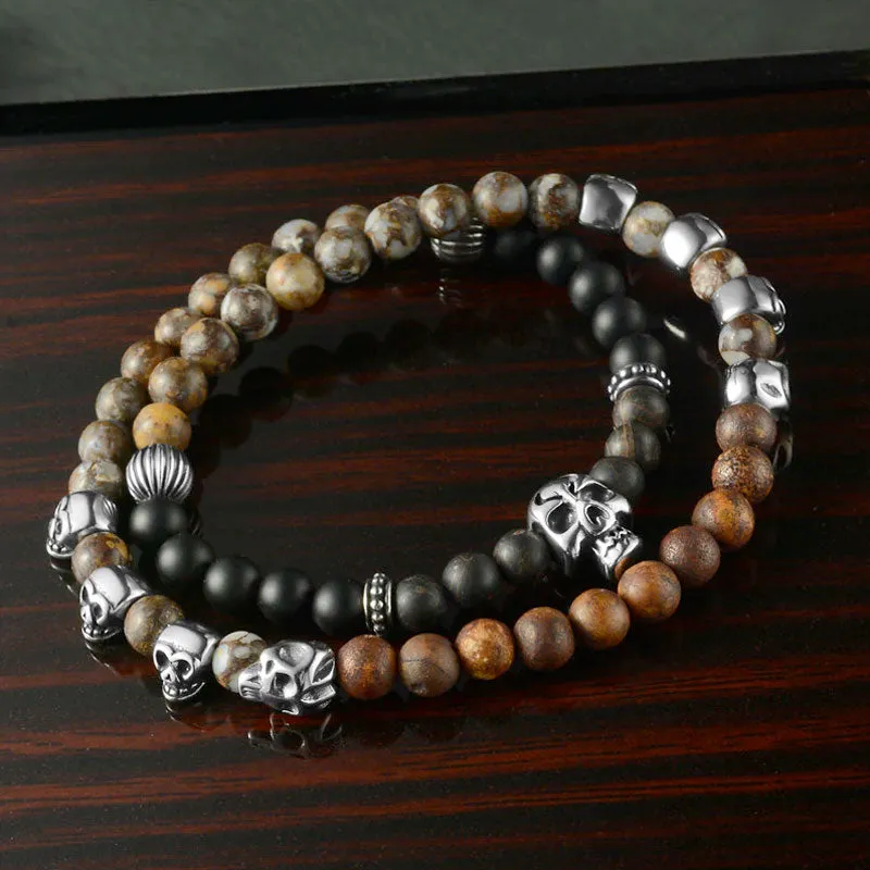 Natural Stone Stainless Steel Skull Bracelets