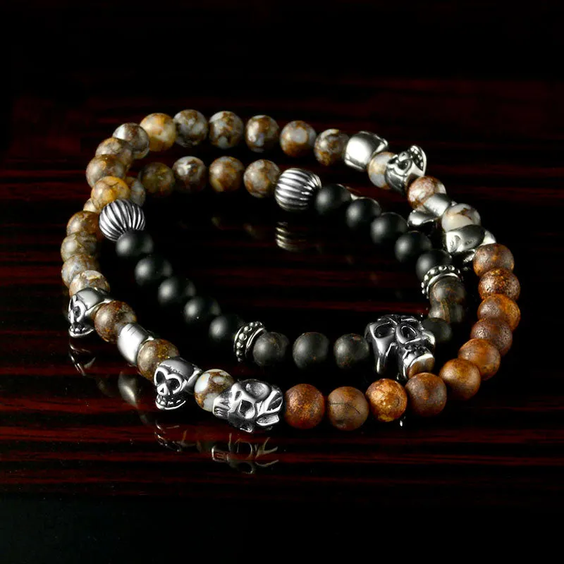 Natural Stone Stainless Steel Skull Bracelets