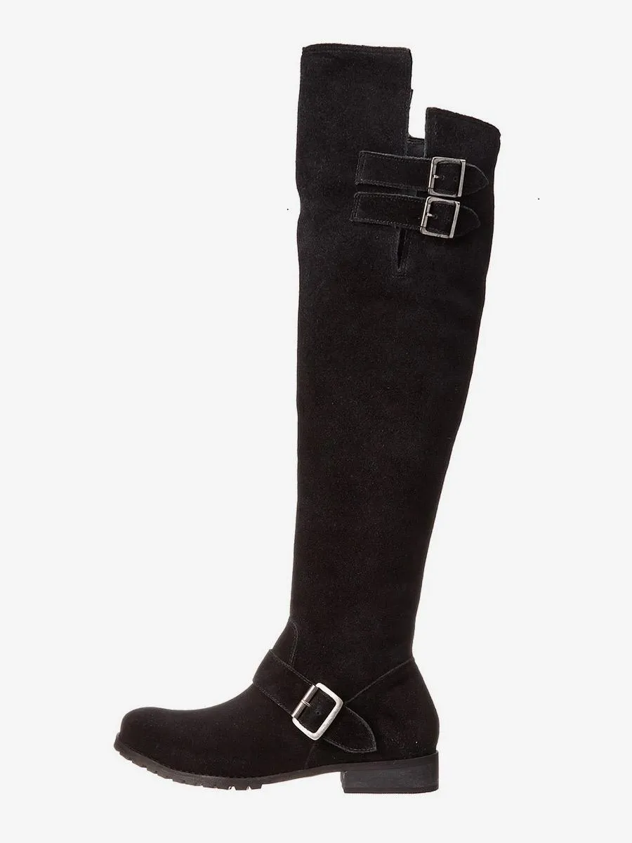 Over The Knee Boots Black Suede Flat with Round Toe and Buckle Detail