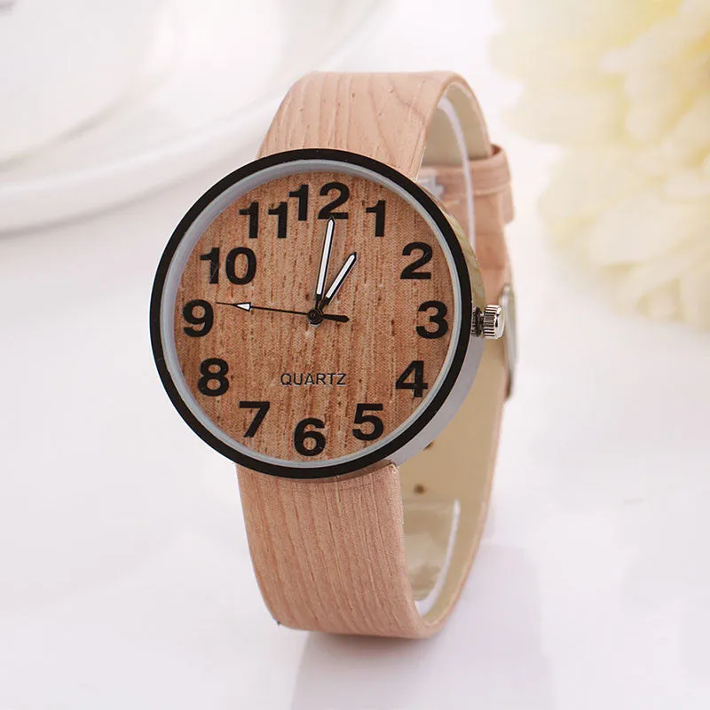 Promotional Gifts Simulation Wooden Relojes Women Men Watches Casual Clocks Wooden Color Leather Strap Watch Relogio