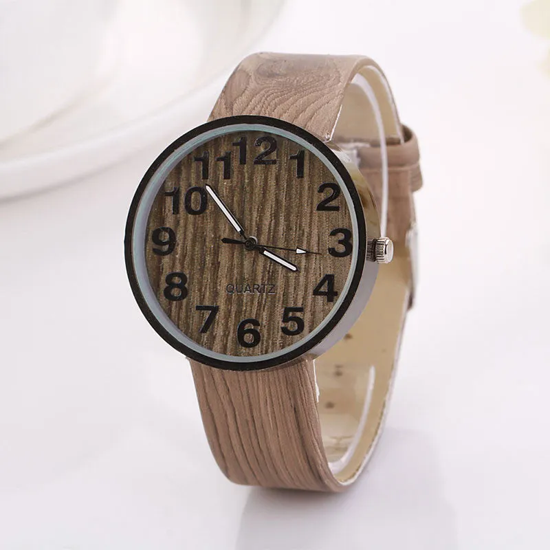 Promotional Gifts Simulation Wooden Relojes Women Men Watches Casual Clocks Wooden Color Leather Strap Watch Relogio