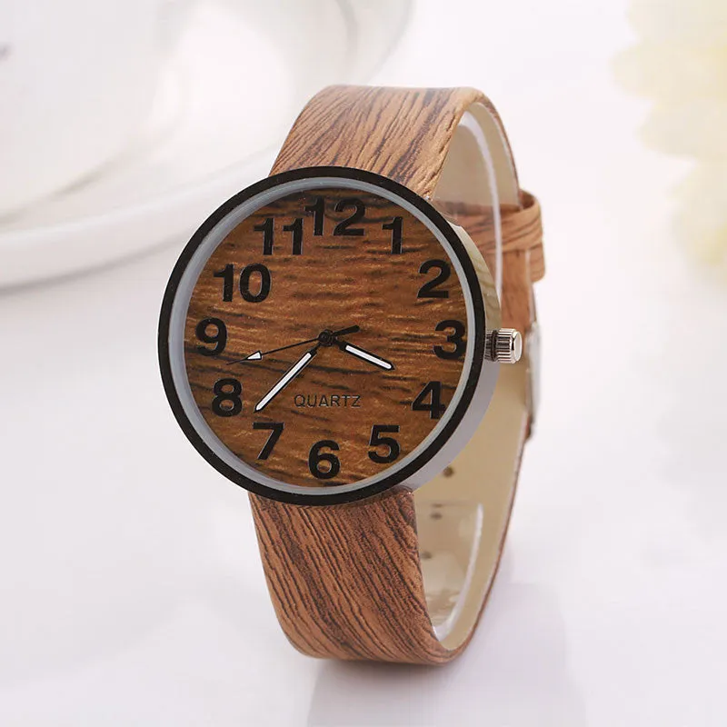 Promotional Gifts Simulation Wooden Relojes Women Men Watches Casual Clocks Wooden Color Leather Strap Watch Relogio