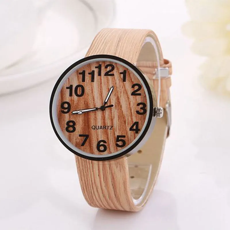 Promotional Gifts Simulation Wooden Relojes Women Men Watches Casual Clocks Wooden Color Leather Strap Watch Relogio