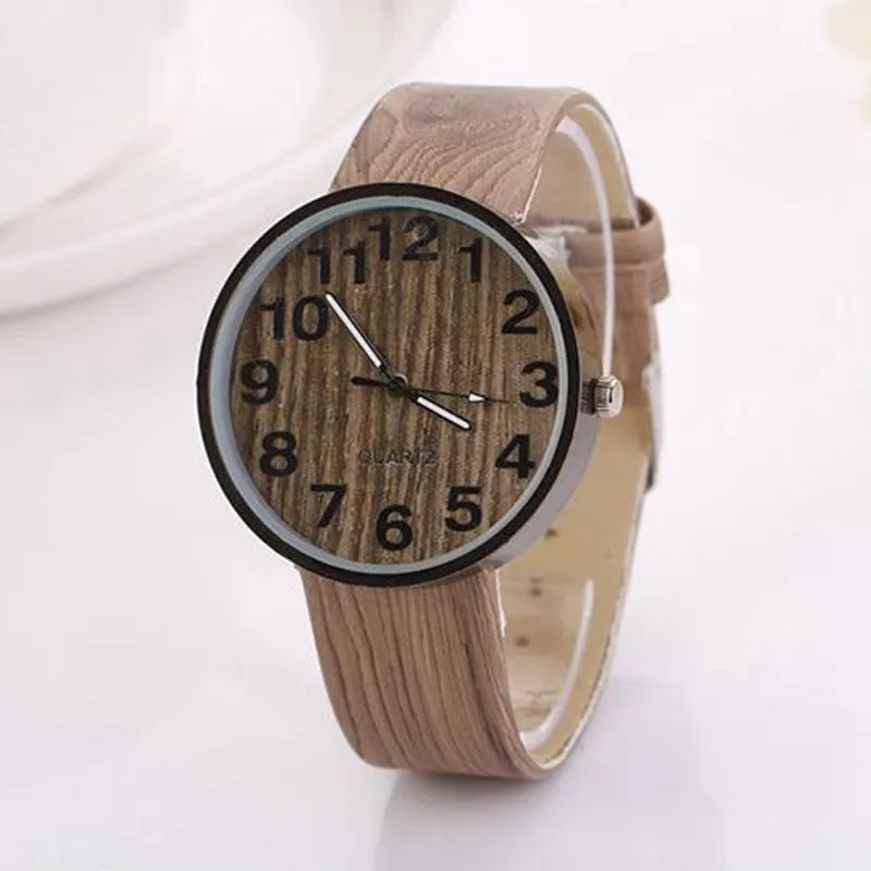 Promotional Gifts Simulation Wooden Relojes Women Men Watches Casual Clocks Wooden Color Leather Strap Watch Relogio