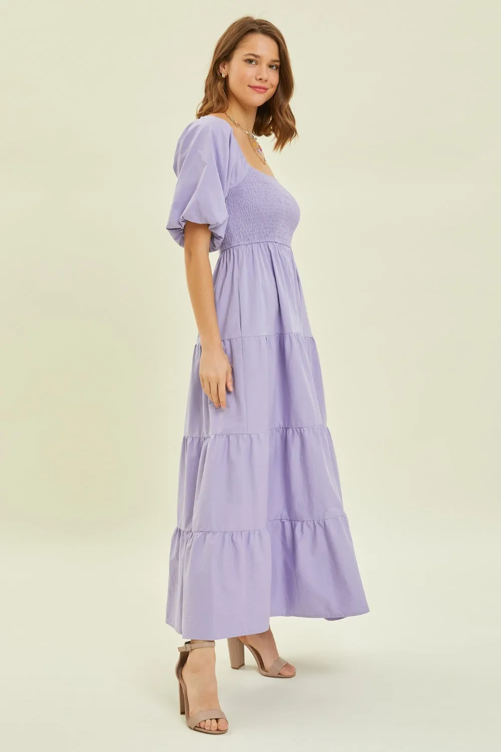 Puff Sleeve Tiered Ruffled Poplin Dress