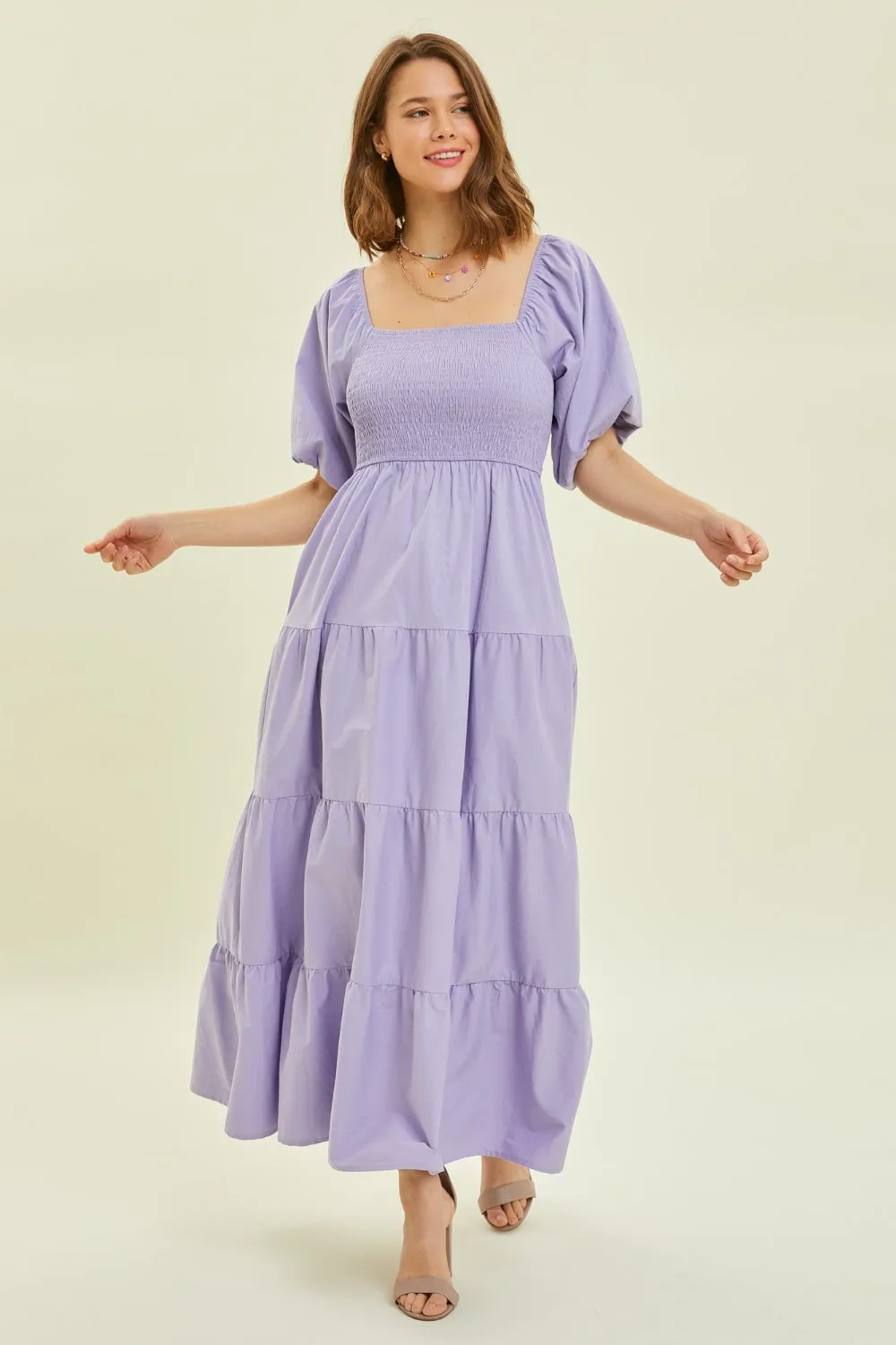 Puff Sleeve Tiered Ruffled Poplin Dress