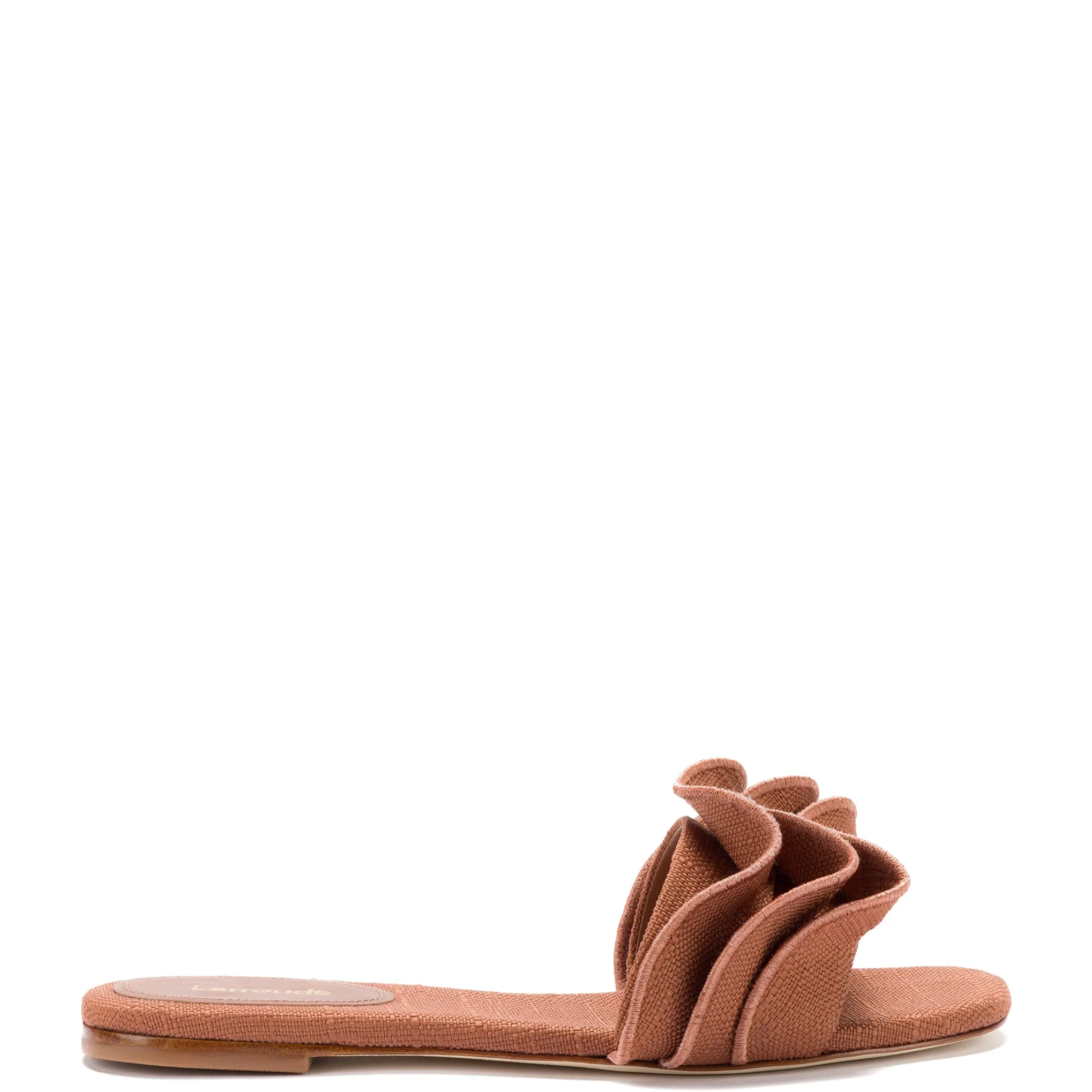 Flat Mule In Caramel Raffia with Ruffle, named Ivy