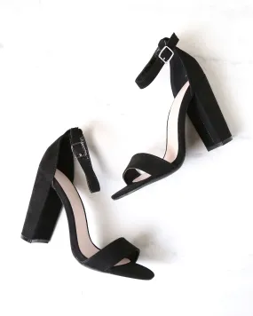 Black Sassy Ankle Strap Chunky Heels in Suede