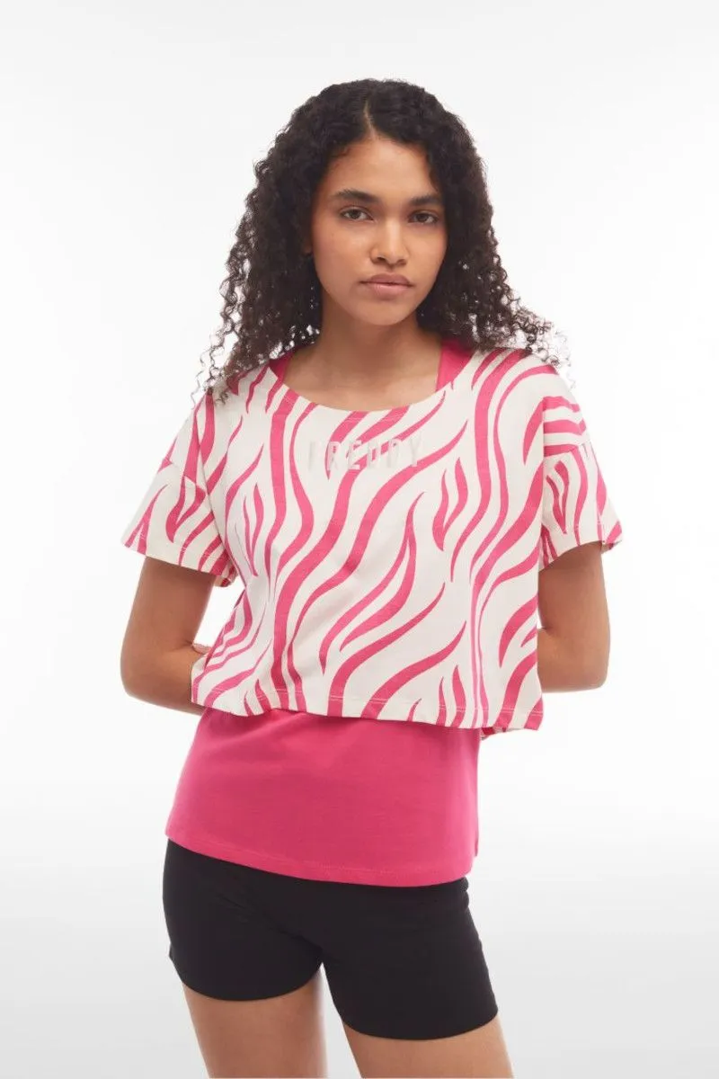 Fuchsia Zebra Print Cropped Tank Top and T-shirt Set for Women