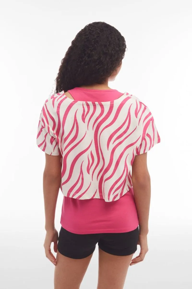 Fuchsia Zebra Print Cropped Tank Top and T-shirt Set for Women