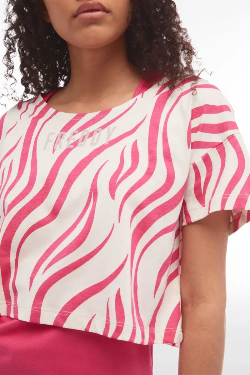 Fuchsia Zebra Print Cropped Tank Top and T-shirt Set for Women