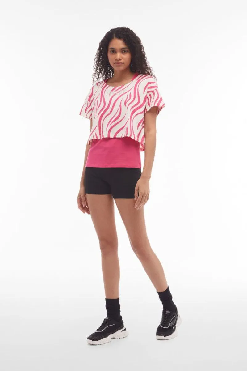 Fuchsia Zebra Print Cropped Tank Top and T-shirt Set for Women