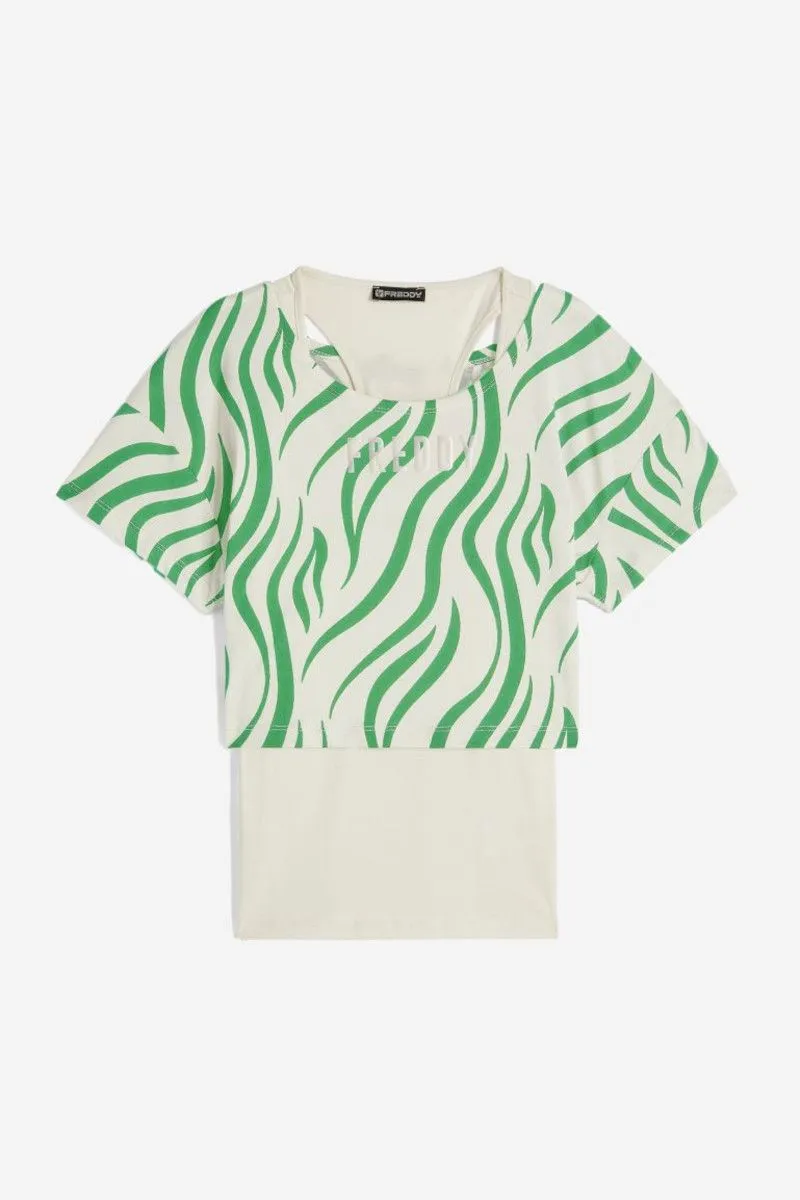 Green Women's Zebra Print Cropped Tank Top + T-Shirt Set