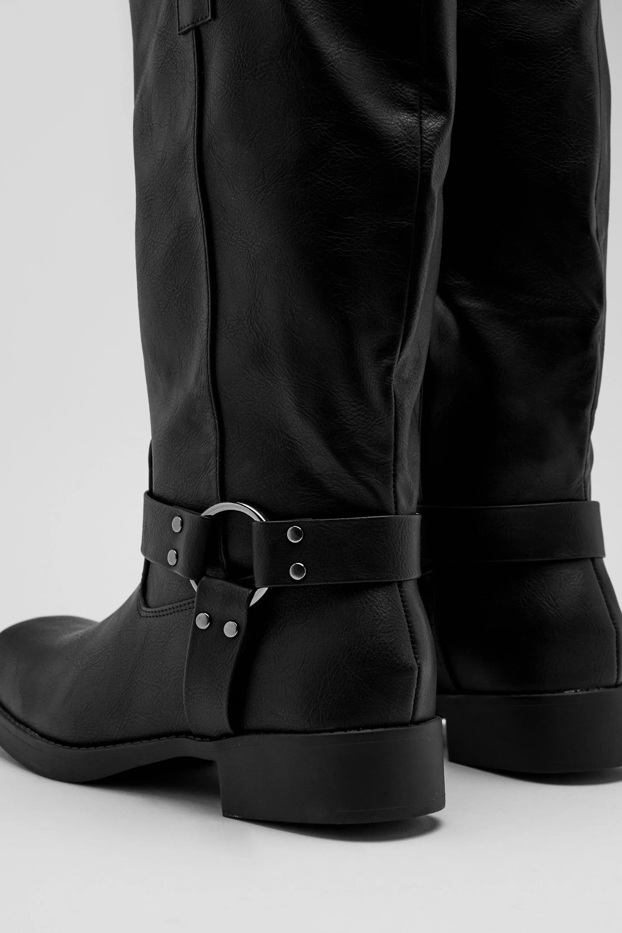 Square Toe Knee High Boots Faux Leather with Buckle Detail