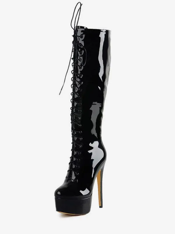 Stiletto Heel Platform Boots with Lace-Up Bright Leather