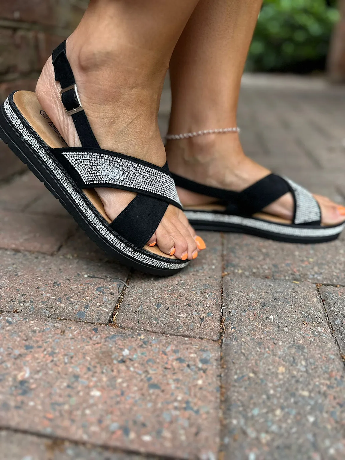 Black Diamante Cross Over Sandals in Faux Suede