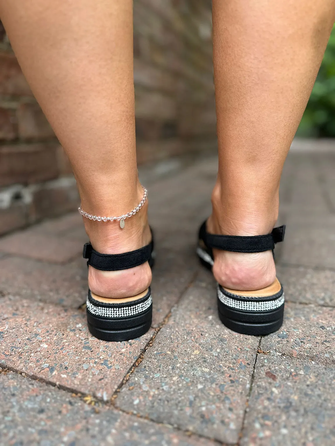 Black Diamante Cross Over Sandals in Faux Suede