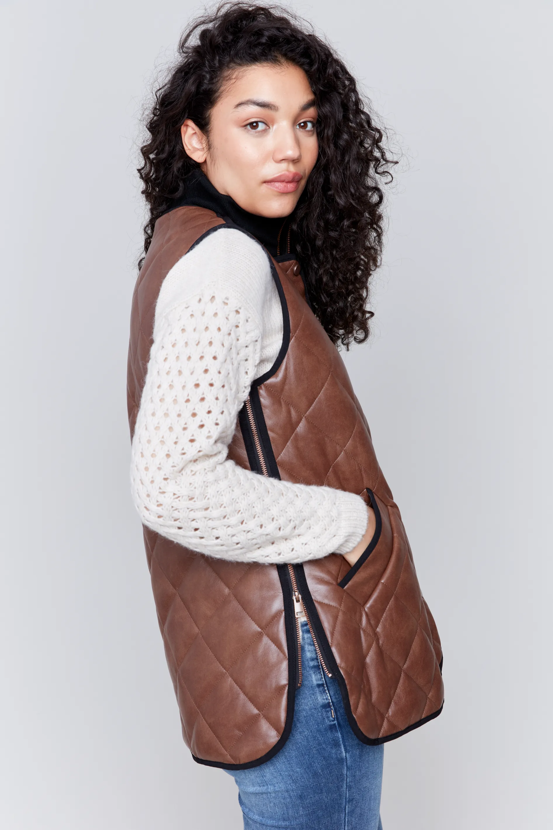 Faux Leather Quilted Long Vest