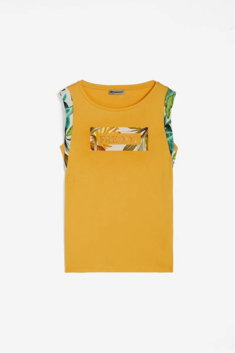 Yellow Women's Viscose T-Shirt with Tropical Graphic