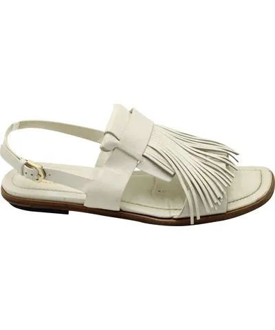 White Leather Fringed Slingback Flat Sandals by Tod's