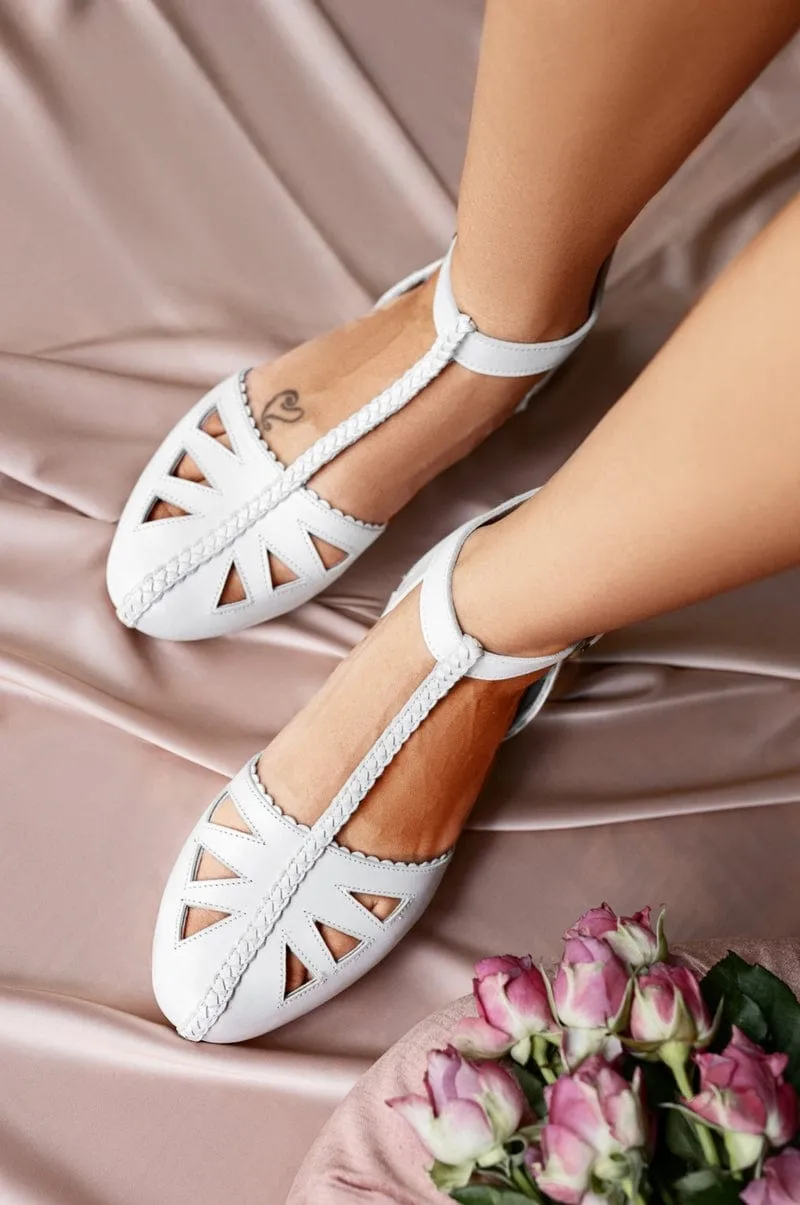 White T-strap Leather Sandals