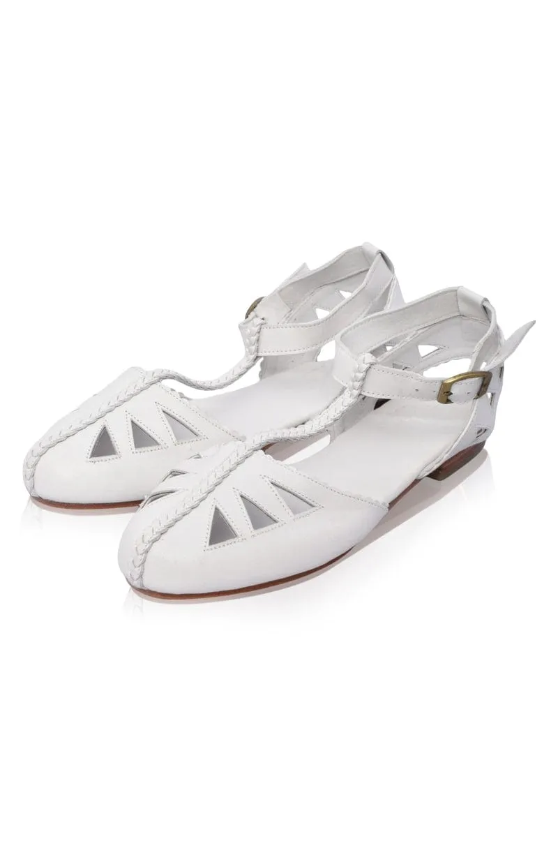 White T-strap Leather Sandals