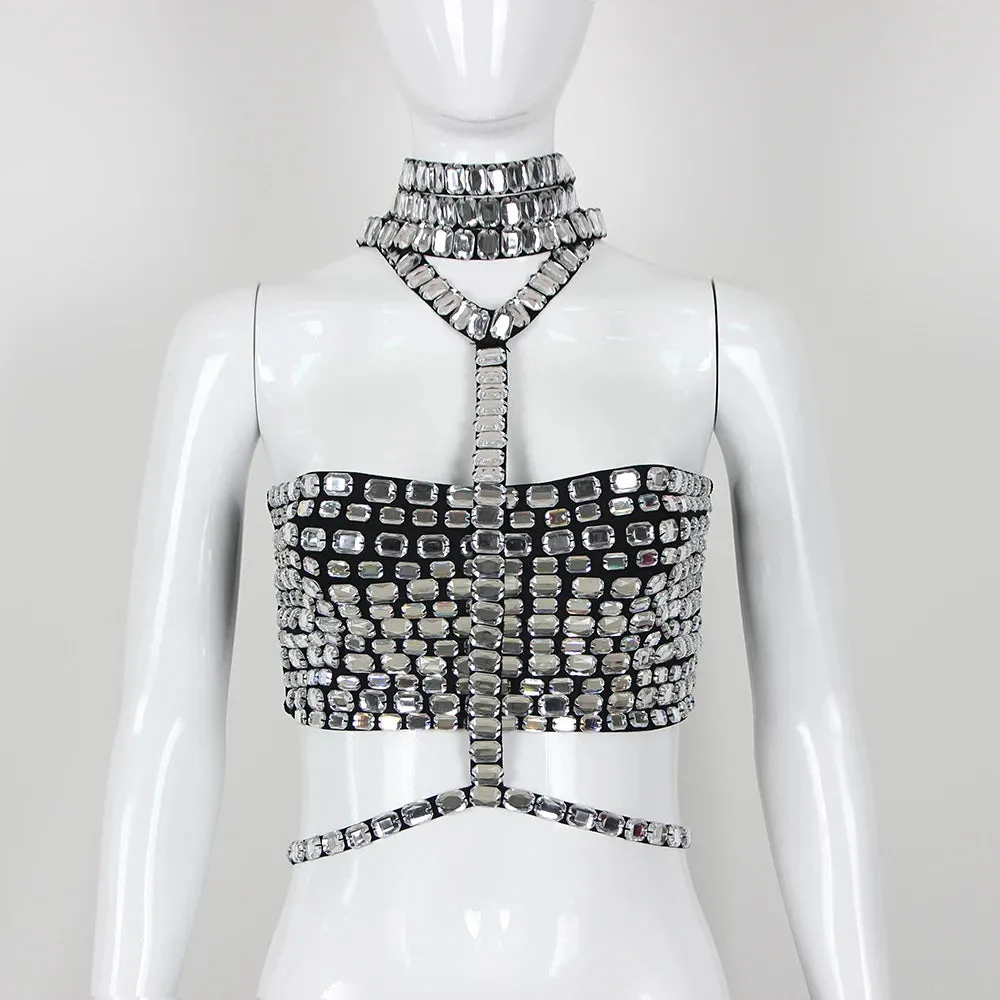 Sultry Crystal-Embellished Halter Tank Top for Nightlife