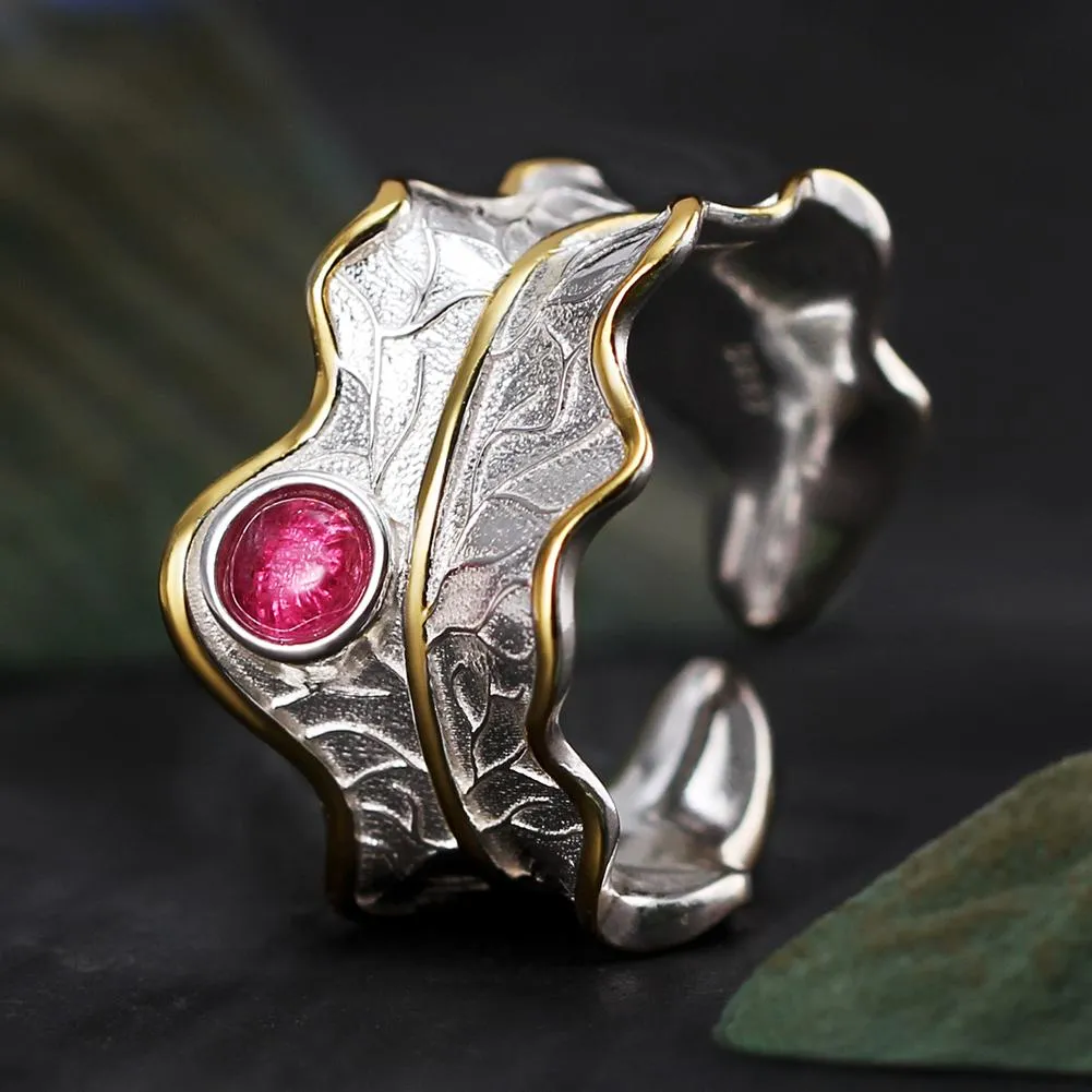 Handmade Leaf Rings with Adjustable Tourmaline